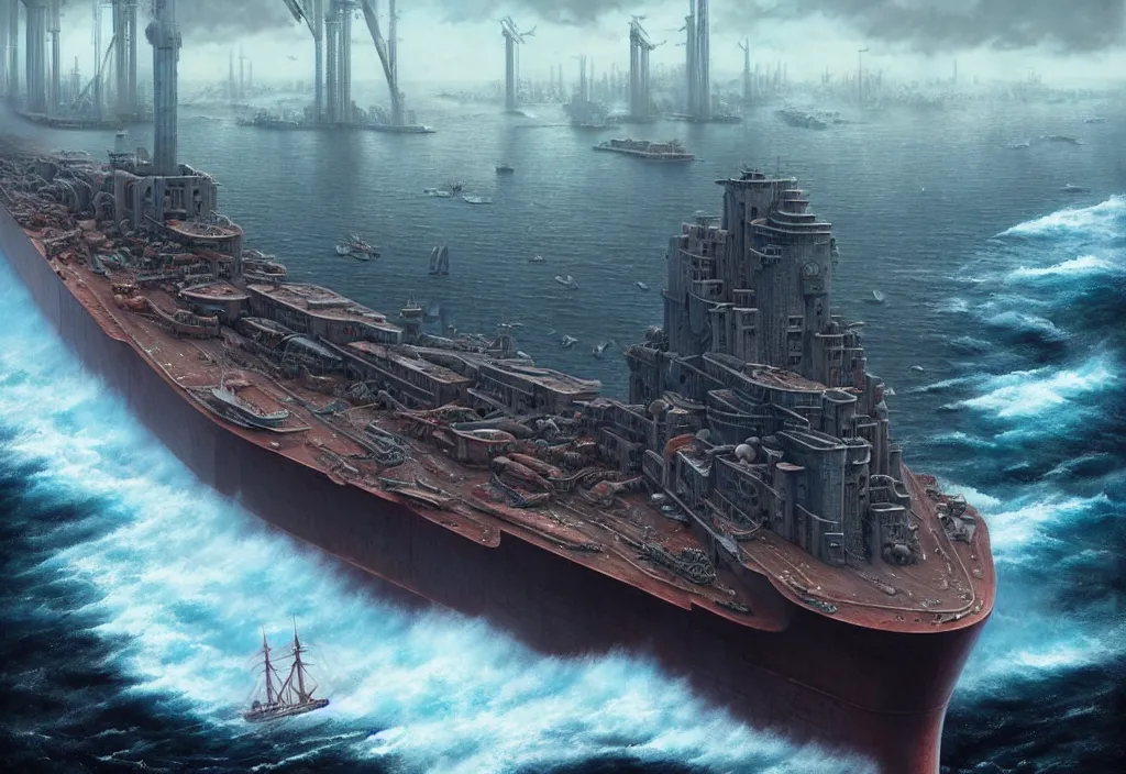 Image similar to one enormous gigantic steel ship - shaped fortress - city sailing across an icy cold ocean. masterpiece, cinematic, hyperdetailed, photorealistic, hyperrealism, octane rendering, depth of field, bokeh, architecture, shadows, aerial view, art by tom bagshaw, geof darrow