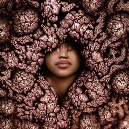 Image similar to closeup of beautiful multiracial human bodies intertwined, bodies blooming, 3 d fractals, mandelbulb, dripping wet, skin, macro photography, anamorphic bokeh, long exposure, highly detailed, hyperrealism, cinematic