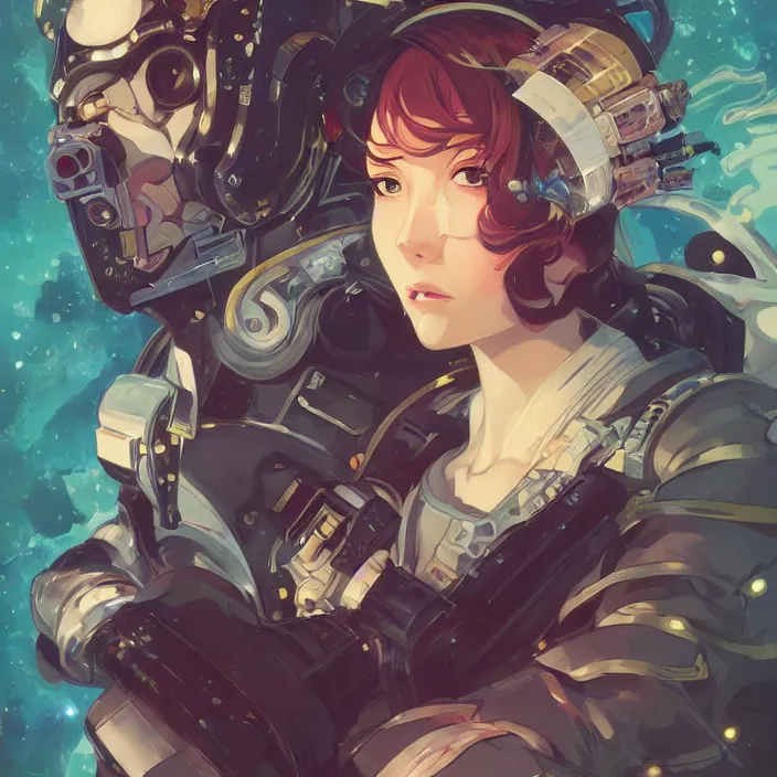 Image similar to anime portrait space pirate captain, futuristic science fiction, mucha, hard shadows and strong rim light, art by jc leyendecker and atey ghailan and sachin teng