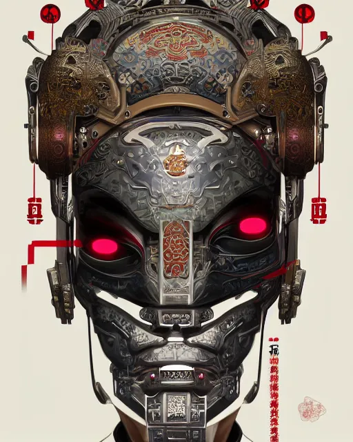 Image similar to portrait of a masculine male cyberpunk machine, machine face, upper half portrait, decorated with chinese opera motifs, asian, fine china, wuxia, traditional chinese art, intricate, elegant, highly detailed, symmetry, headpiece, digital painting, artstation concept art smooth sharp focus, illustration, art by artgerm and greg rutkowski alphonse mucha 8 k