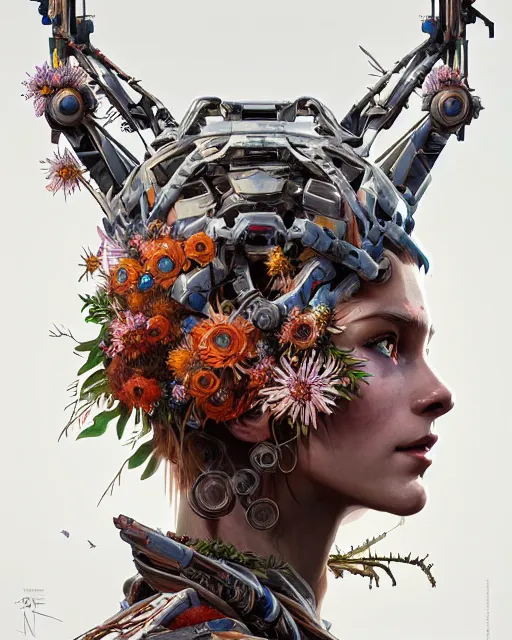 Prompt: symmetry!! portrait of a machine from horizon zero dawn, machine face, decorated with twigs and flowers, intricate, elegant, highly detailed, digital painting, artstation, concept art, smooth, sharp focus, illustration, art by artgerm and greg rutkowski and alphonse mucha, 8 k