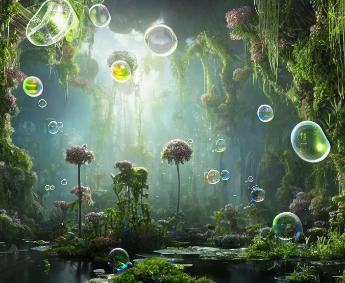 Image similar to elegance, transparent clear see - through image of many bubbles, lush botany, flowers, industrial plant environment, ultra realistic, concept art, photorealistic, octane render, 8 k, unreal engine. art by gustave dore and nori inoguchi and sam kaplan and zachary goulko and christopher marley and artgerm and alphonse mucha