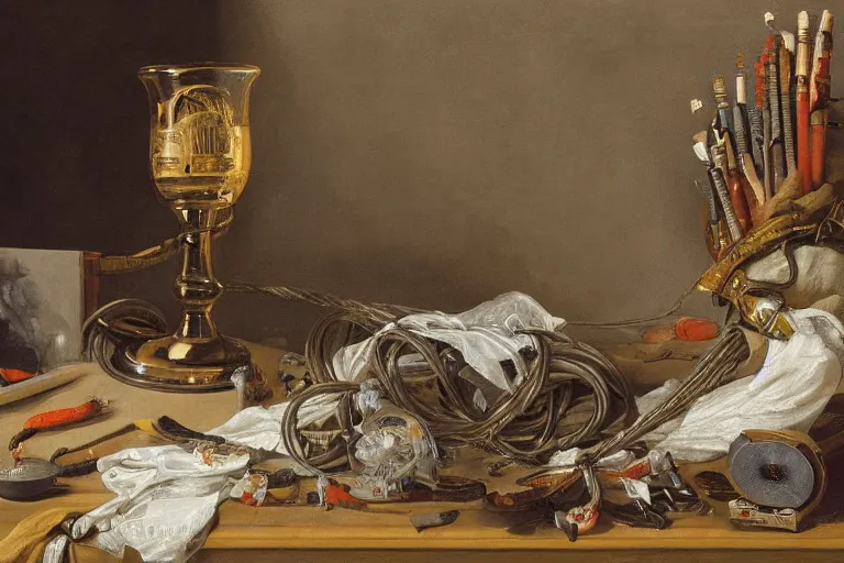 Image similar to a vanitas painting by clara peeters and pieter claesz, depicting an NVIDIA RTX GPU , graphics card, cables, wires