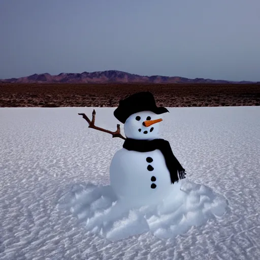 Prompt: a snowman in the middle of the desert.