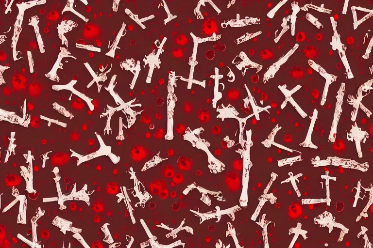 Prompt: blood raining on forest with trees made out of bones with pearl leaves, digital art