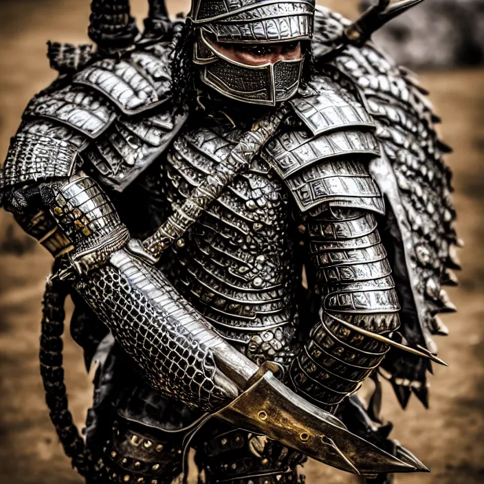 Image similar to photograph of a warrior with crocodile themed armour. extremely detailed. dslr. 8 5 mm.