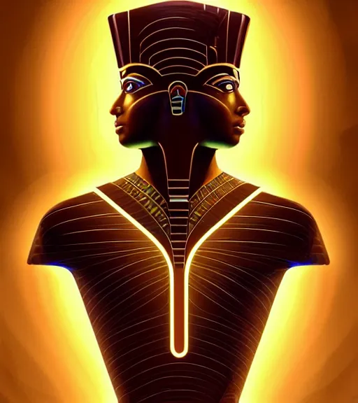 Image similar to symmetry!! egyptian god of technology, solid cube of light, hard edges, product render retro - futuristic poster scifi, lasers and neon circuits, brown skin handsome egyptian god, intricate, elegant, highly detailed, digital painting, artstation, concept art, smooth, sharp focus, illustration, dreamlike, art by artgerm