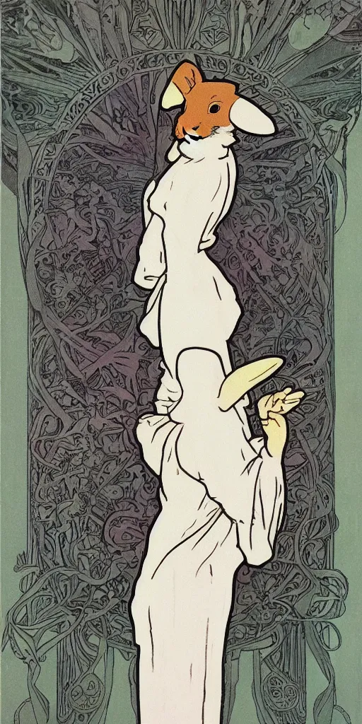 Image similar to a rabbit wearing a white dress in the style of mucha