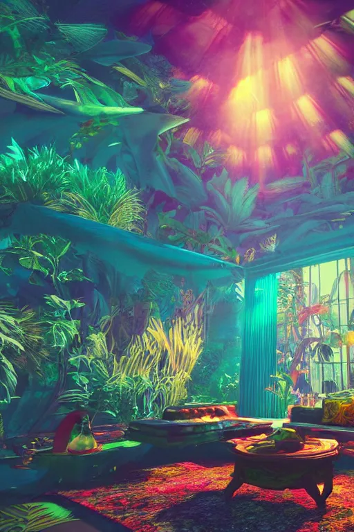 Prompt: videogame screenshot of a very psychedelic dreamy luxury flooded tropical universe maximalist living room, star dust, sunset glow, dark shadows, god rays, chiaroscuro, backlit, octane render, volumetric lighting, raytracing, symmetrical wide shot low angle