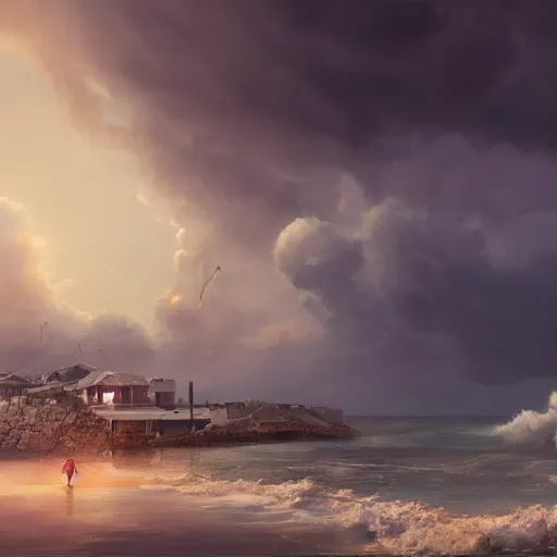 Prompt: a watercolor illustration of a cozy seaside village with a menacing storm cloud on the ocean horizon, octane render, highly detailed, masterpiece, by anthony micallef