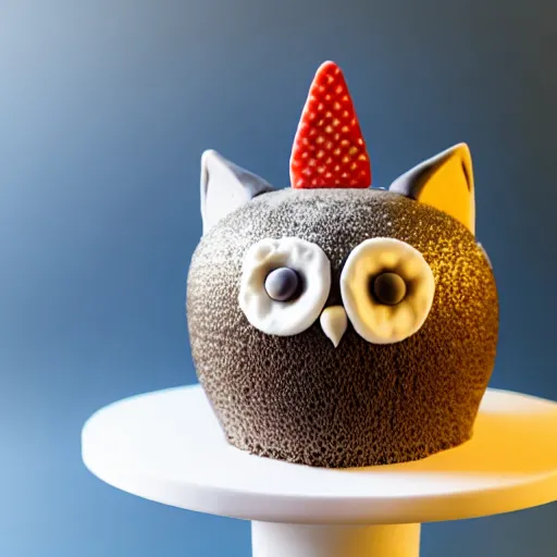 Image similar to photo of a cake, cat decoration, owl decoration, studio lighting, sharp focus