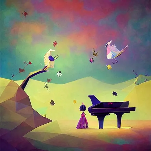 Prompt: low poly, pixar, la pianista Elesky tocando su piano en un surreal hybrid animals, nostalgia for a fairytale, magic realism, flowerpunk, mysterious vivid colors by andy kehoe and amanda clarke en un mundo de Gediminas Pranckevicius y Shamsia Hassani