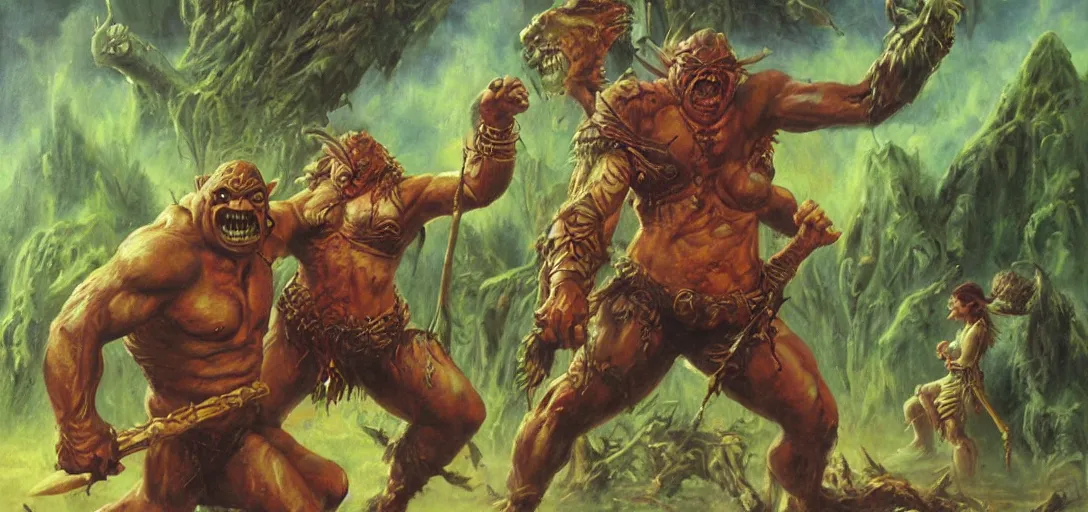 Prompt: oil painting of a giant swamp orc grabbing a young warrior princess, d & d, boris vallejo, vibrant, high contrast