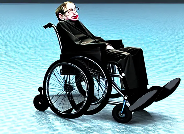 Image similar to stephen hawking wheelchair going across water like a jet ski, realistic, detailed