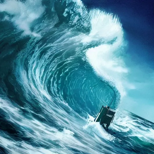 Image similar to the last man standing is hip deep in wild ocean waves while a spaceship arrives to save him