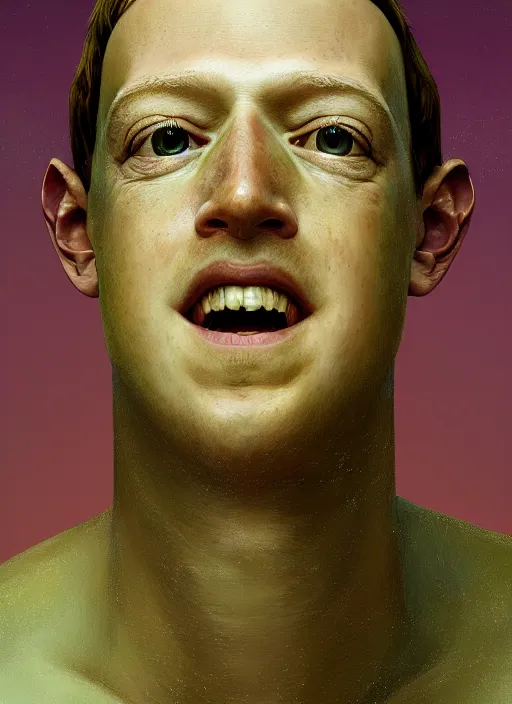 Image similar to portrait of mark zuckerberg as a lizard overlord shedding skin, hyper detailed, digital art, trending in artstation, cinematic lighting, studio quality, smooth render, unreal engine 5 rendered, octane rendered, art style by klimt and nixeu and ian sprigger and wlop and krenz cushart.