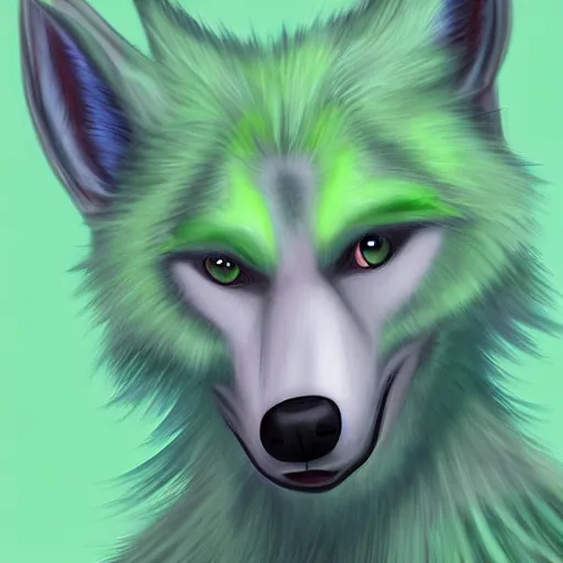 Image similar to Beautiful digital painting of an anthro anthropomorphic pastel-green wolf, Punk outfit. cute