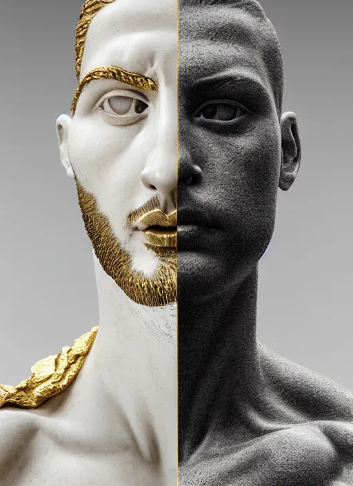 Image similar to a statue made of white marble with gold veins, of klay thompson and a bulldog, full body shot, perfect symmetrical body, perfect symmetrical face, hyper realistic, hyper detailed, by johannen voss, by peter kemp, by monia merlo, by michelangelo, by ernst haeckel, by alex grey, octane render, blender, 8 k