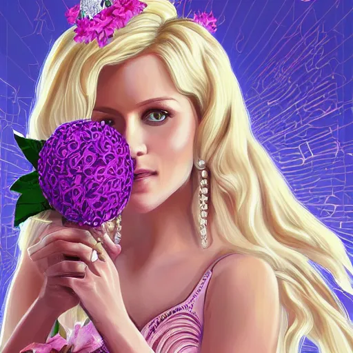 Image similar to Digital art of a princess with blonde hair and bangs, wearing a fancy pink ball dress and pearl earings, holding a pink and purple flower boquet in a light pink room by Dan Mumford and Sandra Chevrier, 4k