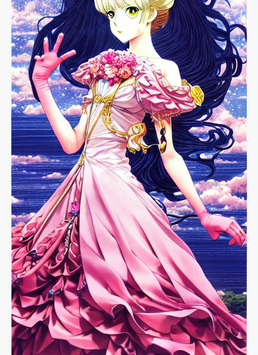 Prompt: exquisite imaginative fate manga poster design of princess, long wavy hair, rococo ruffles dress, by shigenori soejima, minaba hideo, katsuhiro otomo, jump comics, fluorescent, illustration, artstation, dark fantastic, highly detailed, 8 k, maximalist