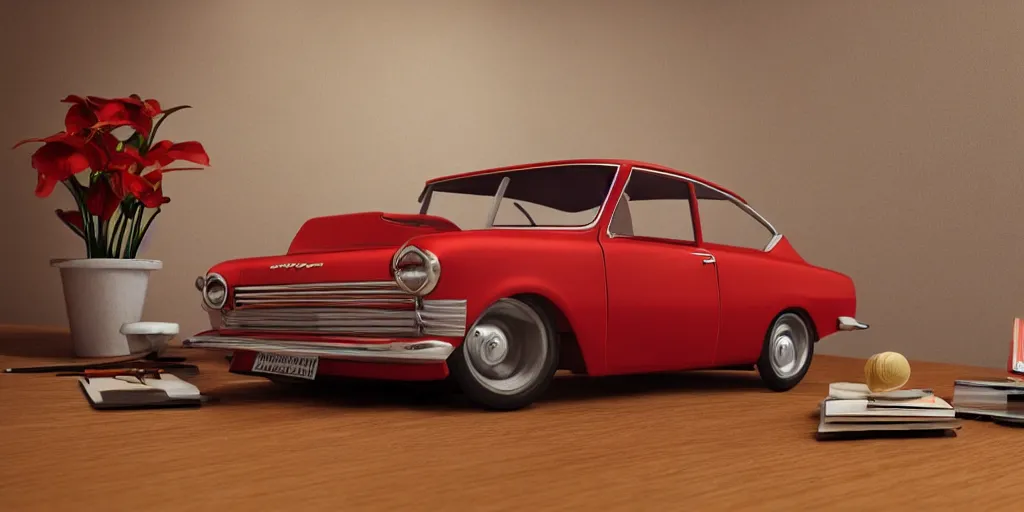 Image similar to a small miniature of a red Chevrolet Opala near a book and a pencil on a wooden table, hyperrealistic, concept art, octane render, unreal engine 5, path tracing, complementary colours, high quality, highly detailed, 4K, symmetrical, low contrast, centered, house interior background