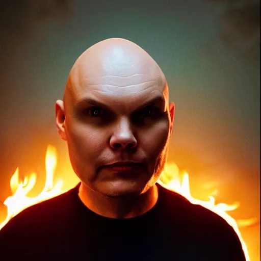 Prompt: the face of billy corgan illuminated by fire, and as if his soul is consumed by darkness, but a single light shines, and the darkness of the night is replaced by the light of justice.