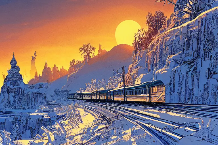 Image similar to trans - siberian express train illustration by joe fenton and syd mead and p. craig russell and barry windsor - smith, artstation, 4 k, graphic novel, concept art, matte painting, beautiful russian winter landscape sunset background, golden hour, art nouveau