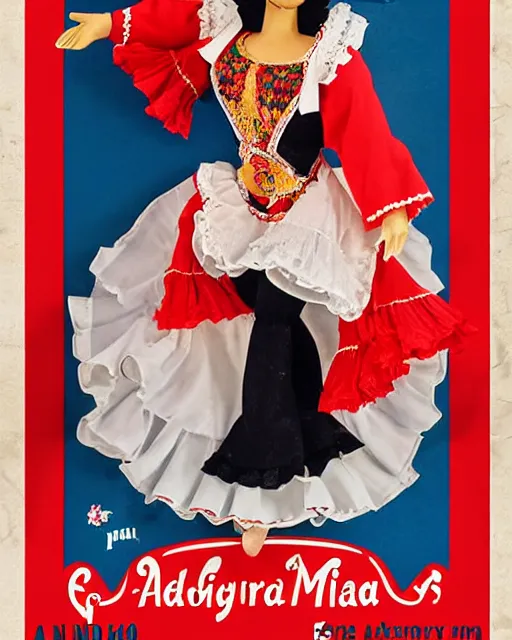 Prompt: an advertising poster of a flamenco gipsy marin doll, retro style of andalusian fair poster