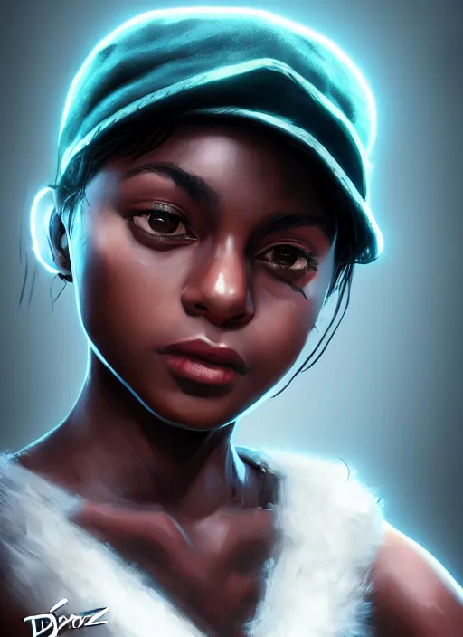 Image similar to An epic fantasy comic book style portrait painting of a young dark skinned girl with short hair wearing fantasy clothes dressed as a boy and wearing newsboy cap, unreal 5, DAZ, hyperrealistic, octane render, cosplay, RPG portrait, dynamic lighting