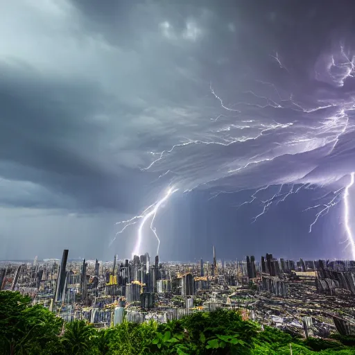 Image similar to Wide shot of colossal futuristic megacity towering across the landscape, thunder storm, EOS-1D, f/16, ISO 200, 1/160s, 8K, symmetrical balance, in-frame