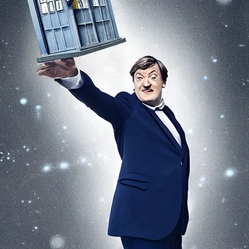 Image similar to stephen fry as doctor who, bbc promotional artwork, mid range shot