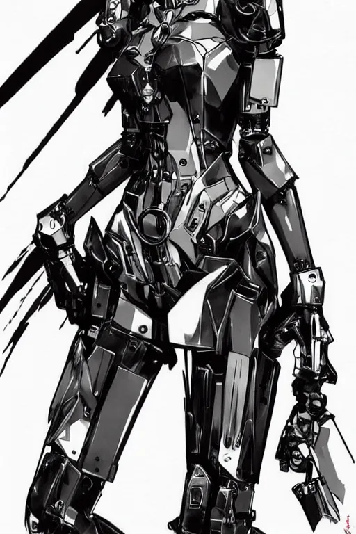 Image similar to feminine fashion robot character design by yoji shinkawa, sharp lines, highly detailed, full body shot