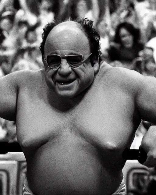 Image similar to danny devito as a wwe wrestler. photographic, photography