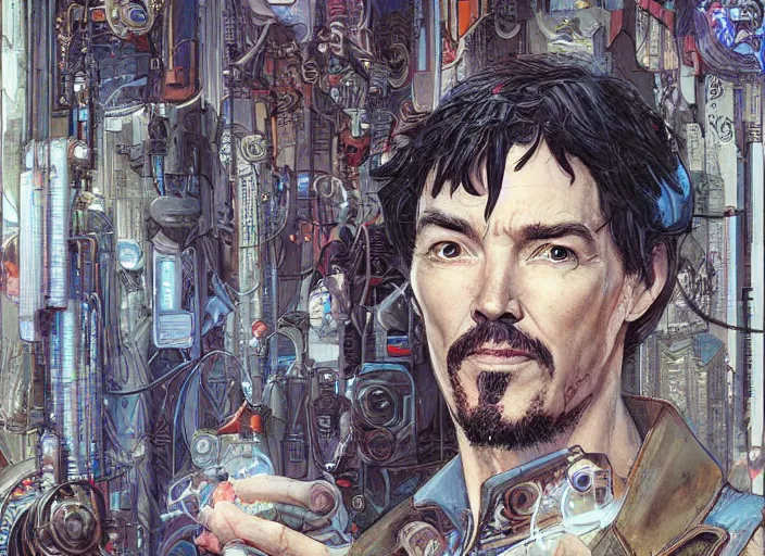 Image similar to a highly detailed cyberpunk portrait of stephen strange, james gurney, james jean