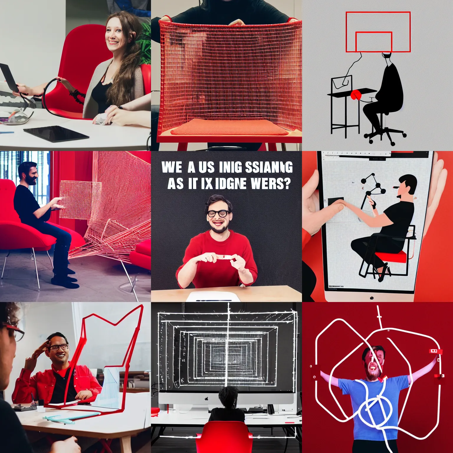 Prompt: we asked ai to show us a ux designer having loads of fun in a red chair with a big team creating wire frames. if this looks like you plz apply