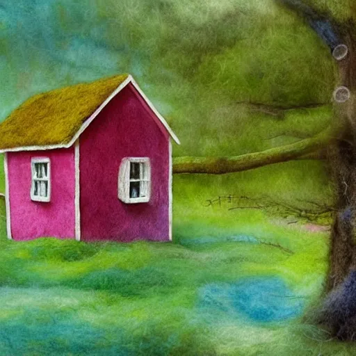 Image similar to small wooden house in the middle of spring forest, bright colours, watercolor, volumetric wool felting, macro photography, children illustration, by lee madgwick