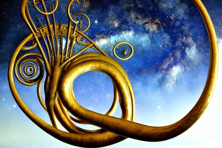 Image similar to intricate filigreed tuba cloud sculpture, art nouveau environment, surreal, milky way, award winning art, epic dreamlike fantasy landscape, ultra realistic,