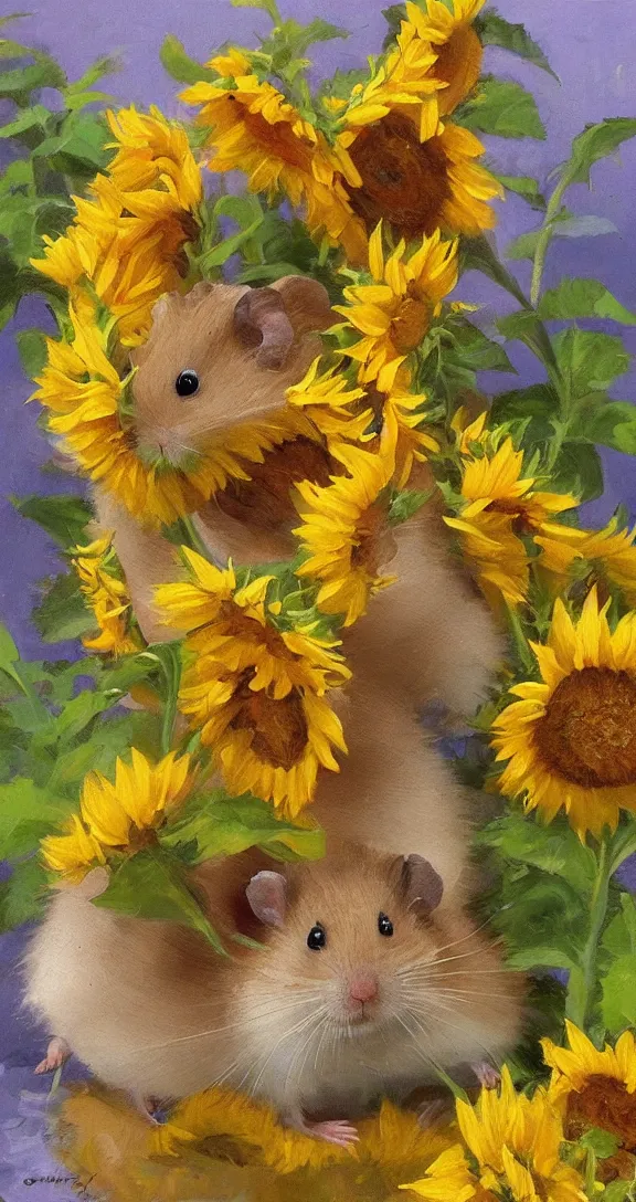 Image similar to a highly detailed beautiful portrait of a cute little hamster surrounded by beautiful sunflowers, by gregory manchess, james gurney, james jean