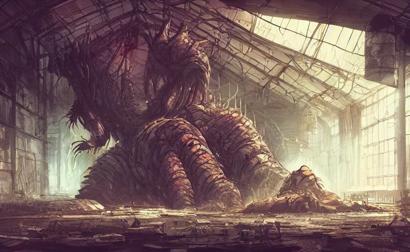 Prompt: a huge bio - monster hidding in a mess warehouse, crystal lights, resident evil, sci - fi atmosphere, cel - shading, cinematic, artstation, studio ghibli, miyazaki, highly details