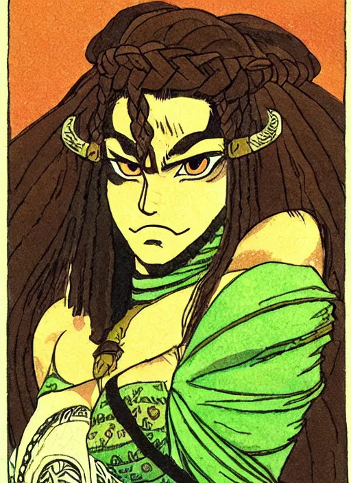 Prompt: portrait of beautiful barbarian queen, dark brown skin, braided brown hair, green eyes, pelt coats, high fantasy, dnd, smooth, sharp focus, illustration, by osamu tezuka, collectible card art