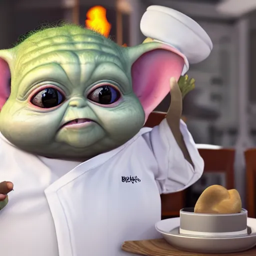 Image similar to curious mouth agape innocent tiny overweight chubby baby yoda as chef wearing white chefs hat and white apron, offering a plate of food, vegetables, photography, hyperrealism, unreal engine, octane 3 d render, houdini, unity 3 d, highres, adobe premier pro