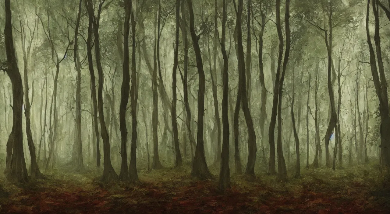 Image similar to forest filled with towering trees, large canopy, dappled light, creepy, horror, nightmare, painting