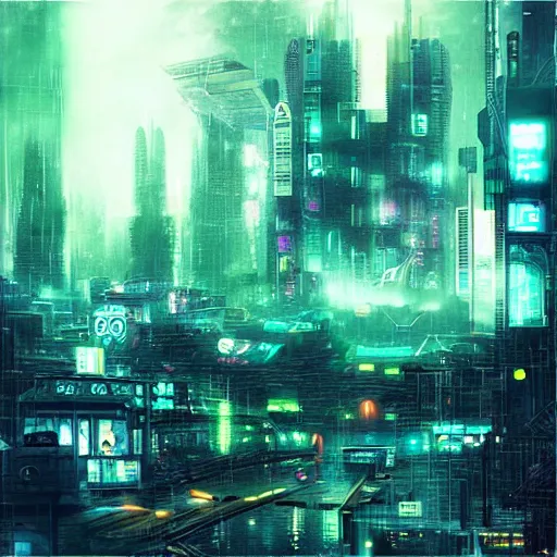 Prompt: “cyberpunk city in the rain, dystopian”