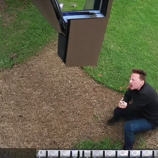 Image similar to security camera footage of drunk elon musk in my backyard staring at a tree. cctv. caught on camera