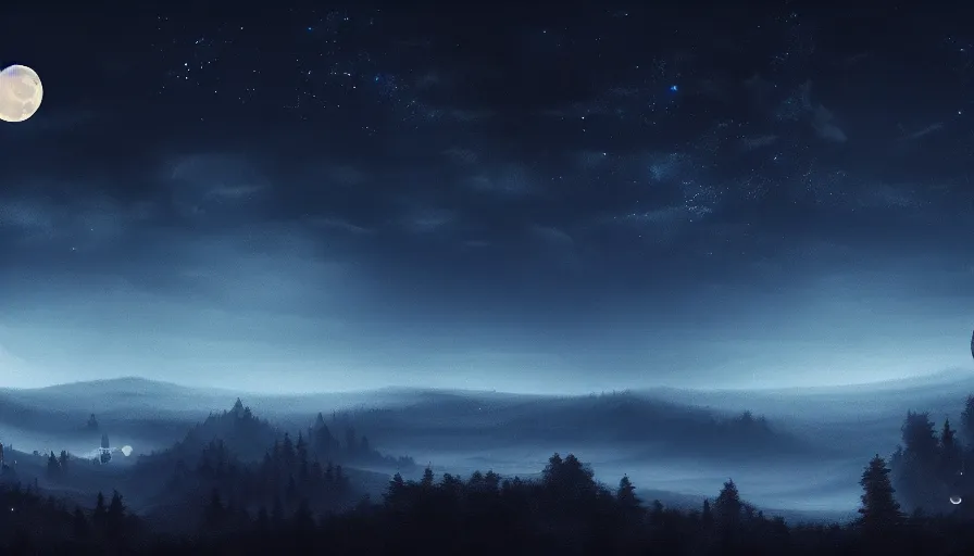 Image similar to a beautiful landscape at night, big moon on the right, stars in the sky, matte painting, dark blue tones, high contrast, intricate details, concept art, 4 k