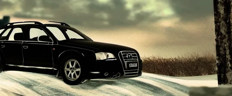 Image similar to Audi A4 B6 Avant (2002), a gritty neo-noir, dramatic lighting, cinematic, eerie person, death, homicide, homicide in the snow, gunshots, establishing shot, extremely high detail, photorealistic, cinematic lighting, artstation, by simon stalenhag, Max Payne (PC) (2001) winter New York at night, In the style of Max Payne 1 graphic novel, flashing lights, Poets of the Fall - Late Goodbye