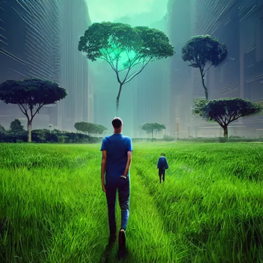 Image similar to a man walking across a lush green field, cyberpunk art by beeple, cgsociety, retrofuturism, synthwave, retrowave, outrun