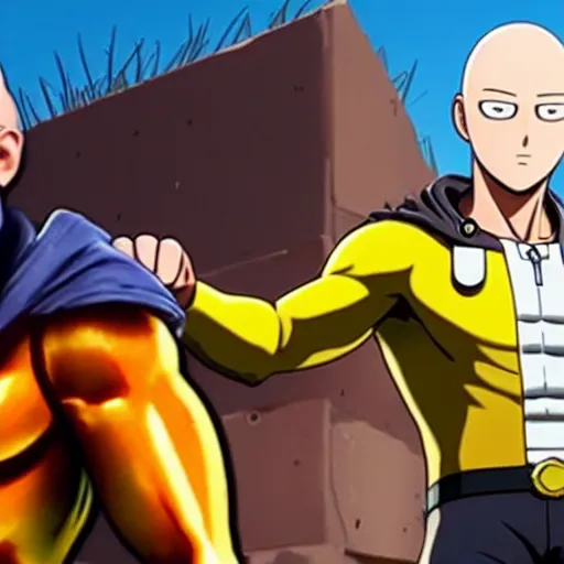 Image similar to one punch man in fortnite, character render, full body shot, highly detailed, in game render