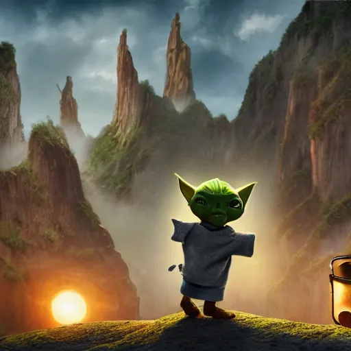 Image similar to the opening credits of the ( andy griffith tv show ) starring babyyoda and gandolf. photorealistic digital art in the style of pixar, epic fantasy, dramatic lighting, cinematic, extremely high detail, cinematic lighting, trending, artstation, cgsociety, 3 d ue 5, 4 k, hq