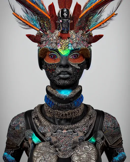 Image similar to 3 d warrior goddess medium shot portrait. beautiful hyperrealistic intricate highly detailed magpie helm broken armor, kintsugi, quetzalcoatl, korean hanbok, bioluminescent, plasma, lava, ice, feather, artwork by tooth wu and chiara bautista, octane 3 d render